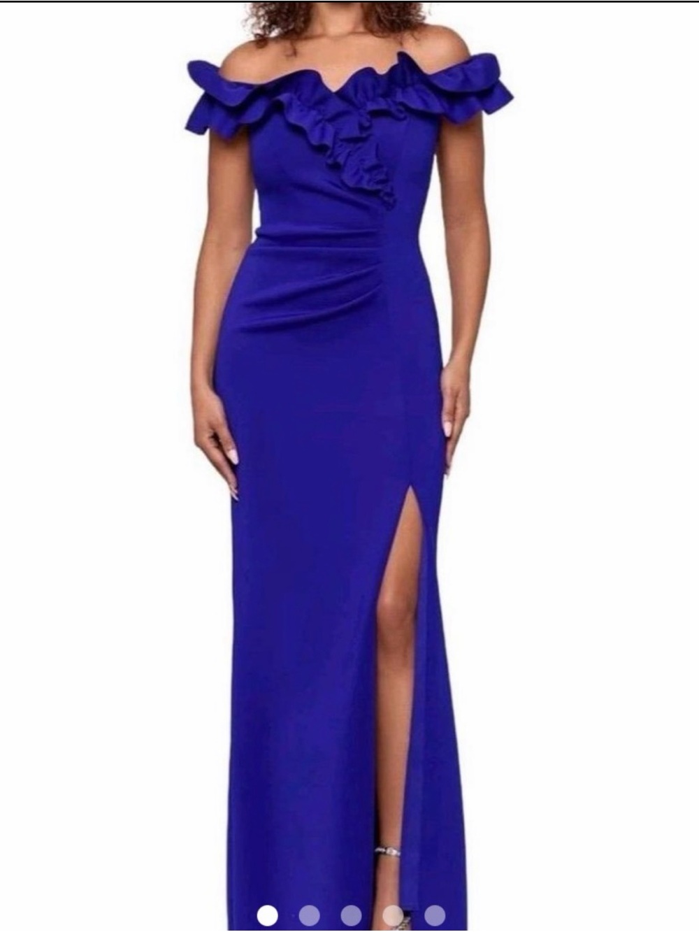 Xscape Royal Blue Off-Shoulder Ruffle Prom Gown with Thigh Slit